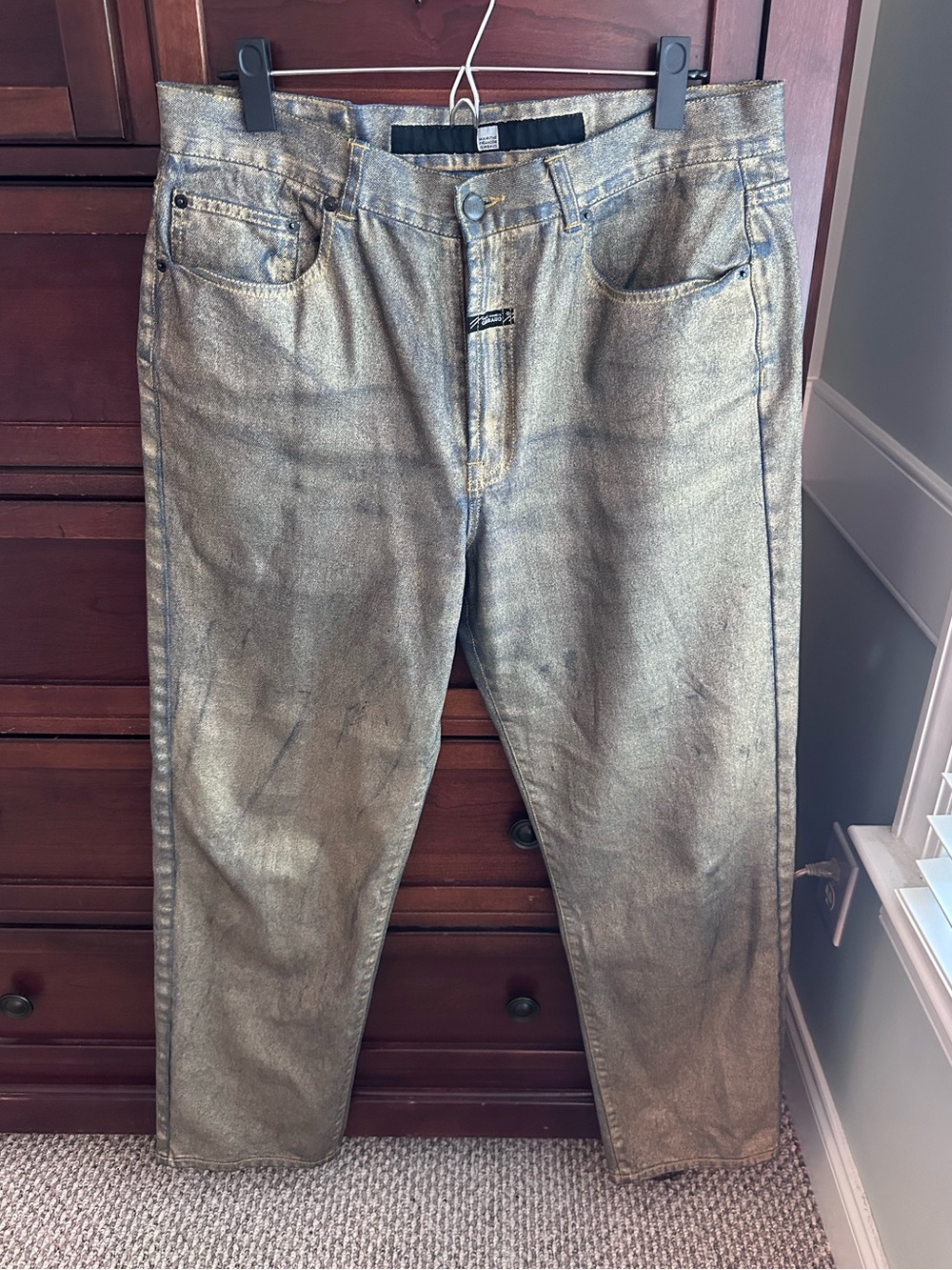 Marithé + François Girbaud vintage Y2K gold tone coated baggy jeans size 34